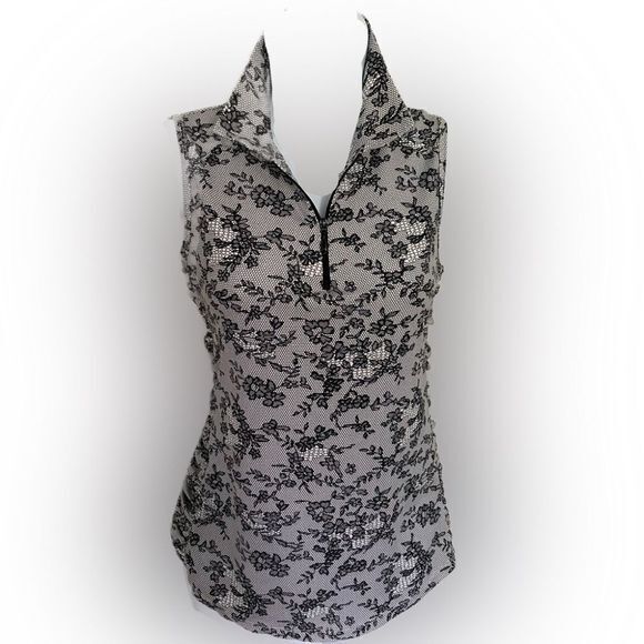 Swing Golf Quarter Zip Top - S black /white faux lace effect print , pol… - Picture 1 of 6